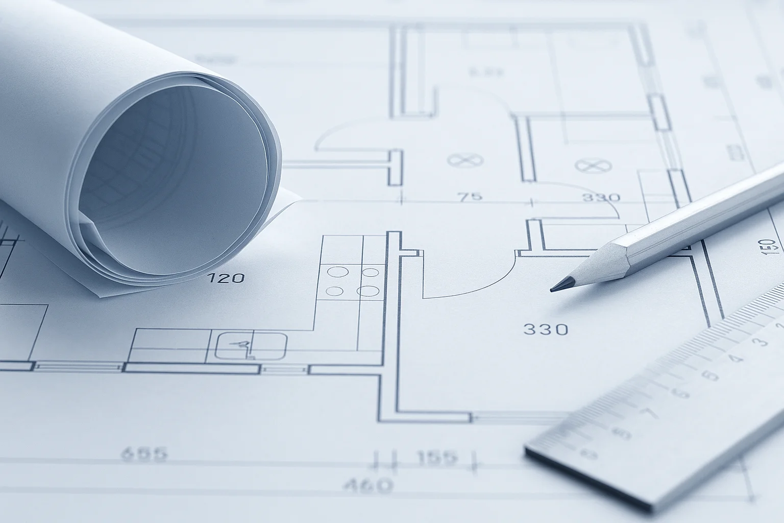Illustrative architectural plans with a rolled drawing, pencil, and ruler